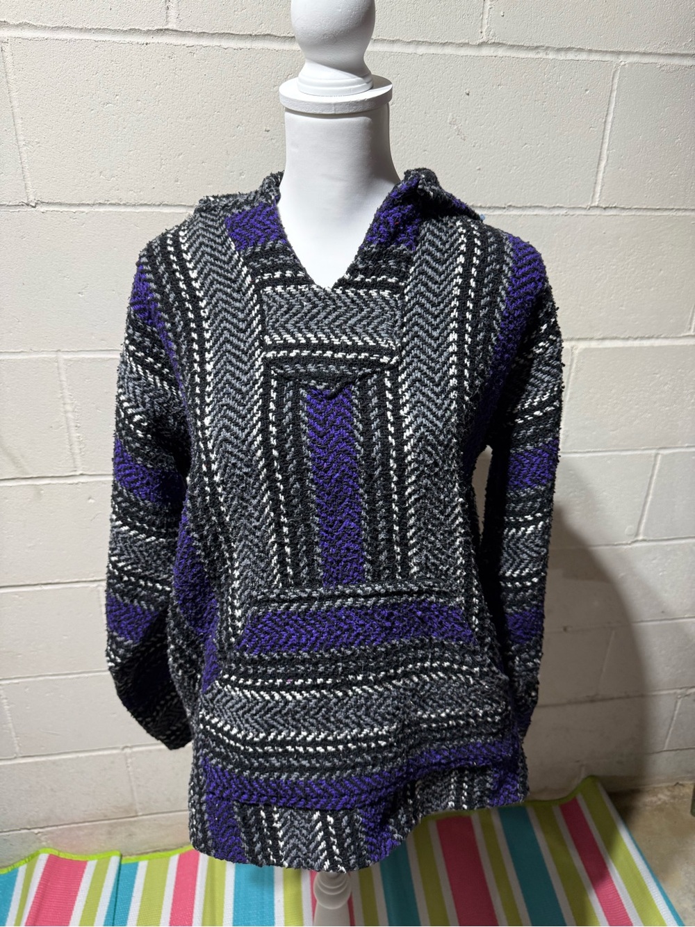 Vintage Woman’s
Hooded Baja Sweater - Black, Gray &